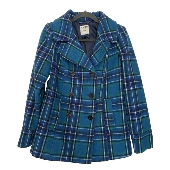 Old Navy Sz Small Bright Teal Blue Plaid Wool Pea Coat Women's Button Academia - Picture 1 of 7